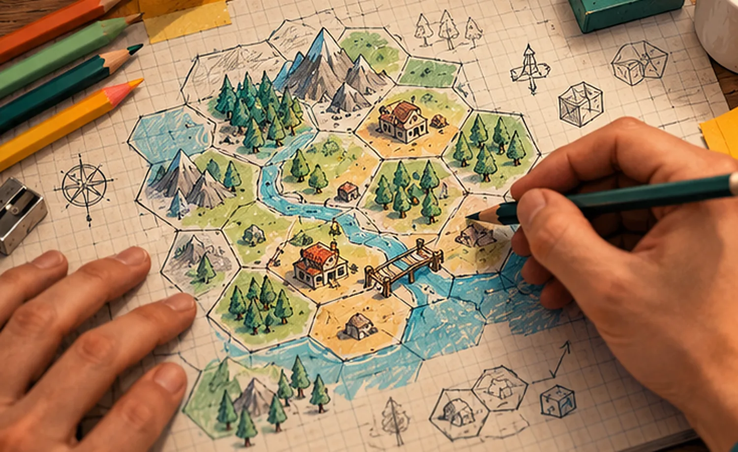 Close-up of hands sketching a hex-grid map with coloured pencils